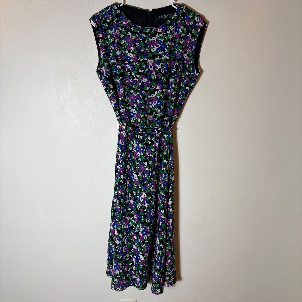 Lauren Ralph‎ Lauren Floral Print Belted Midi Dress Size 10 Black Purple Green